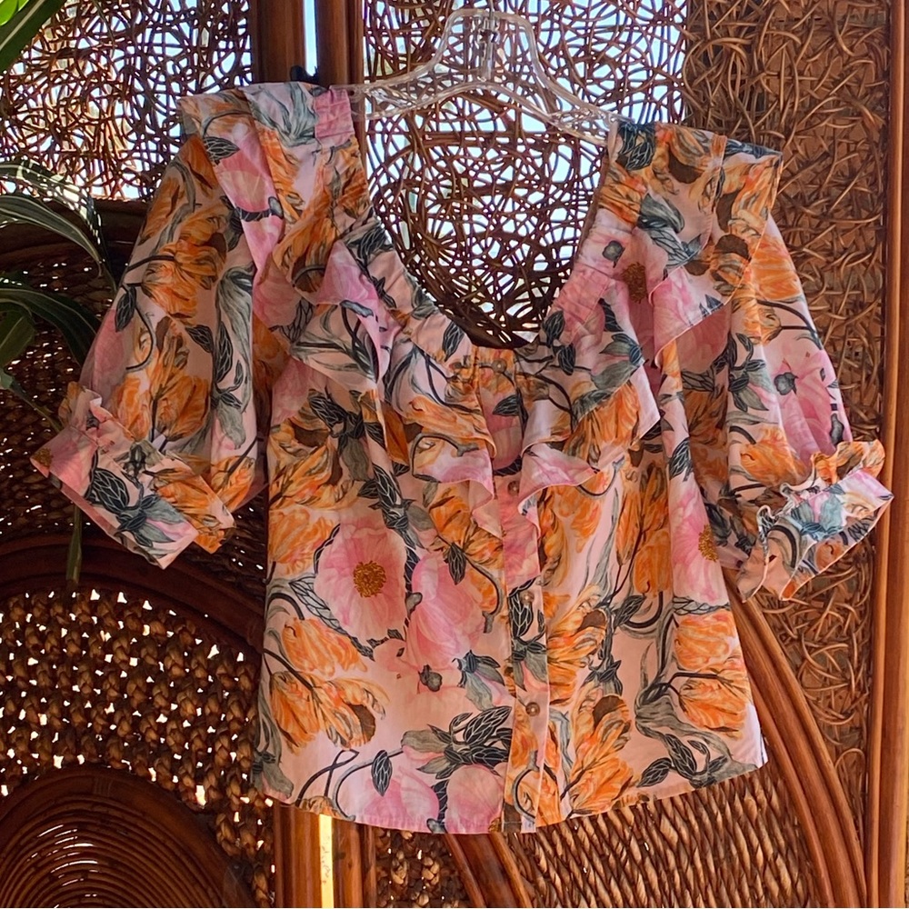 Anthropologie Pink and Orange Floral Blouse Top